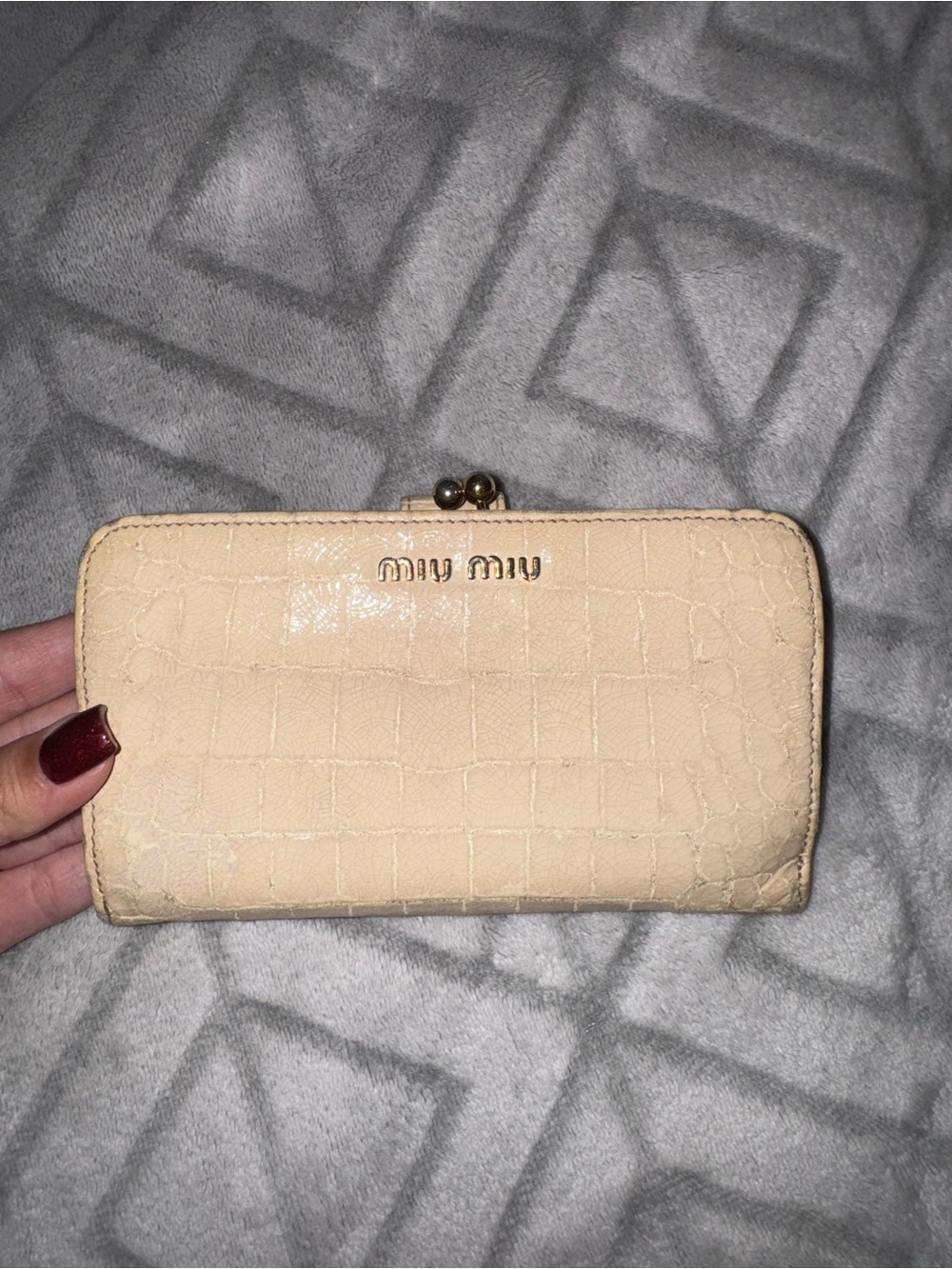 Miu Miu Cream Croc-Embossed Leather Kiss-Lock Wallet with Gold Hardware